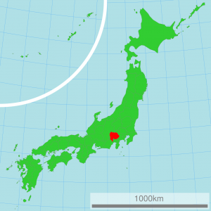 A map of Japan with Yamanashi ken in red