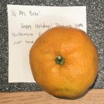 An image of a satsuma with a note